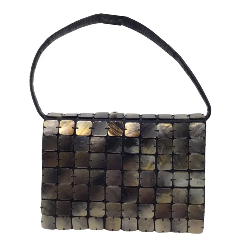 BOTTEGA VENETA VINTAGE BLACK SHELL DETAIL SILK HANDBAG - Picture 3 of 12